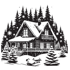 Black Snow Covered Cabin Silhouette Vector Illustration design, Solid White Background