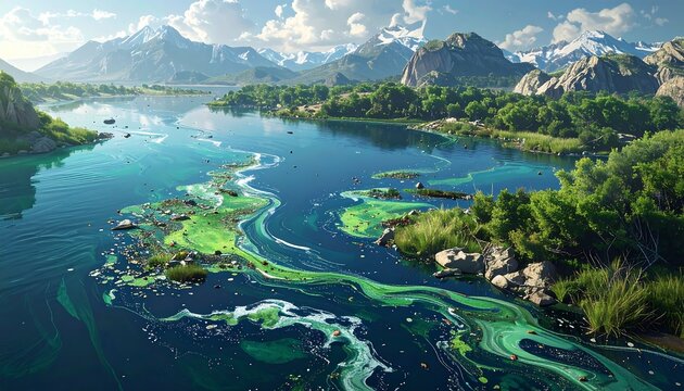Polluted Lake Scenery Amidst Majestic Mountains