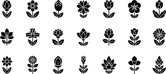 Flower silhouette vector collection, floral icon set, black and white blossom design, botanical illustration, simple decorative nature graphic elements