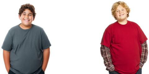 professional studio shot of beautiful, happy 12-15 years old caucasian and spanish ethnicity oversize boys isolated over white (transparent) background