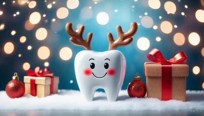 A cute cartoon tooth with reindeer antlers, surrounded by sparkling snow, Christmas gifts, and bokeh lights, creating a festive, playful holiday scene.