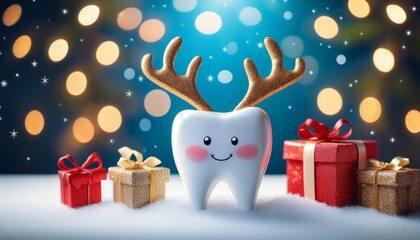 A cute cartoon tooth with reindeer antlers, surrounded by sparkling snow, Christmas gifts, and bokeh lights, creating a festive, playful holiday scene.