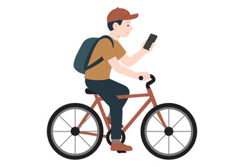 Naklejka premium Young man riding bicycle while using smartphone, unsafe cycling behavior illustration for transportation safety, distracted commuting, urban lifestyle, road hazard awareness, and educational campaign 
