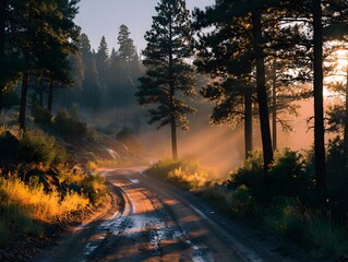 Fototapeta premium Magical, photorealistic scene of a winding dirt road through a tranquil pine forest. Golden hour sun flares beautifully through the towering trees.