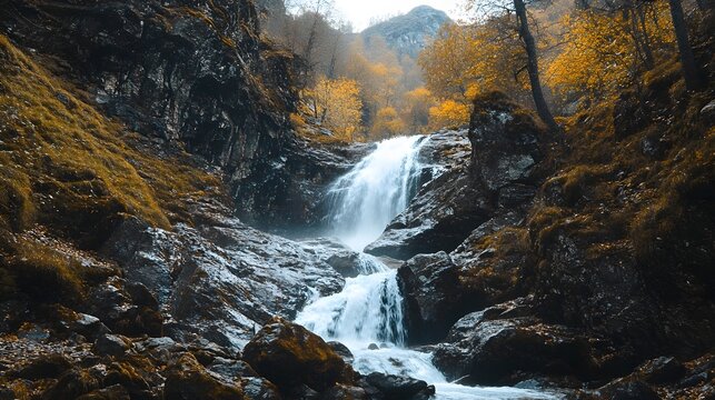 Serene waterfall cascading through rocky terrain surrounded by autumn foliage in a tranquil forest