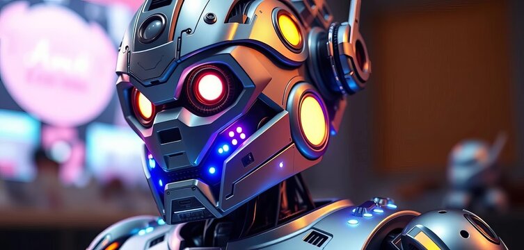 Futuristic robot cake with metallic decorations and LED lights, technology, chip