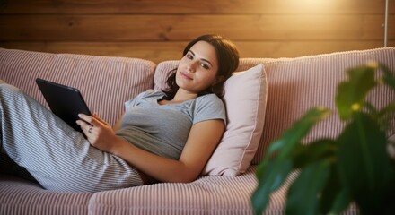 Relaxed woman in casual loungewear using a digital tablet while lying on a pink sofa at home. beautiful woman looking at the camera while browsing the internet on a tablet in her living room.