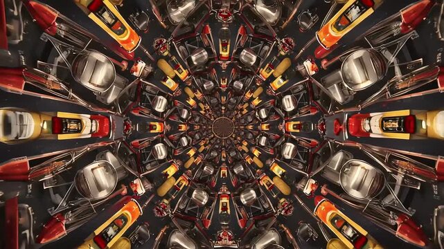 Intricate kaleidoscopic pattern created from various kitchen utensils and tools arranged symmetrically