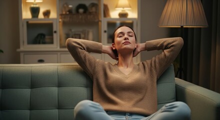 Calm woman relaxing on the sofa at home in the evening, taking a moment for stress relief. Peaceful young woman unwinding on the couch, practicing mindfulness and deep breathing for wellness.