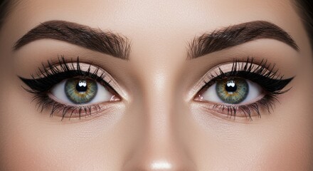 Obraz premium Close-up of a woman's eye with expertly applied makeup, showcasing a captivatingly detailed and refined look.