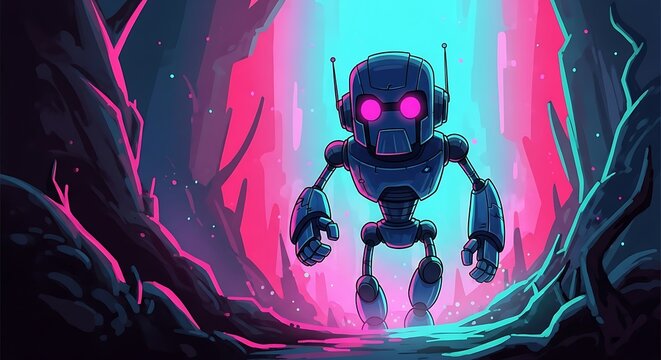 Futuristic Robot Exploring Neon Forest.