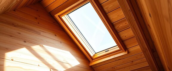 Rustic wooden skylight window installed in a sloped roof, showcasing natural light, glass, exterior