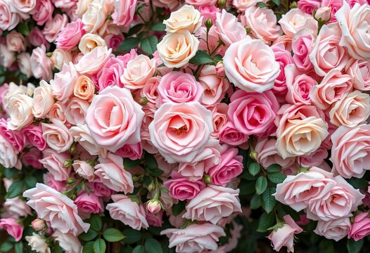 Intricate, continuous blooming climbing roses in pastel hues,  illustration,  high resolution