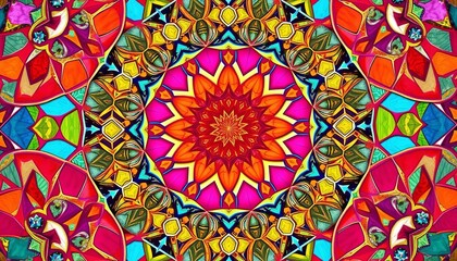 Intricate geometric shapes in vibrant hues form a dazzling arabesque mosaic background,  vector,  seamless