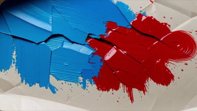 Color Clash: A vibrant juxtaposition of blue and red paints, blending and colliding on a textured surface, offering a visual symphony of artistic expression.