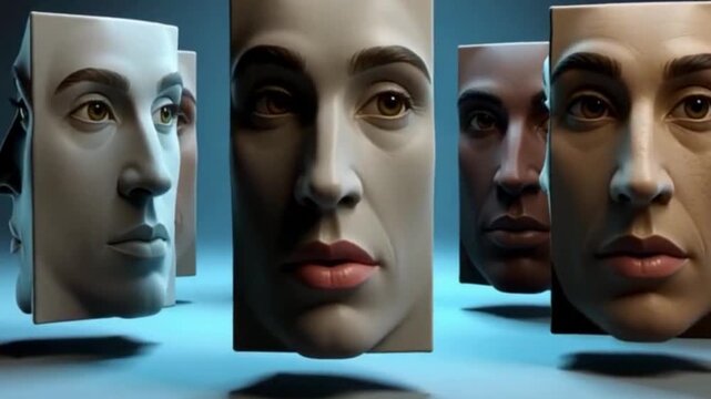 Faces Unveiled: An artistic composition, a thought-provoking image showcasing faces within minimalist sculptural blocks, each a testament to distinct human expressions and varied ethnic backgrounds.