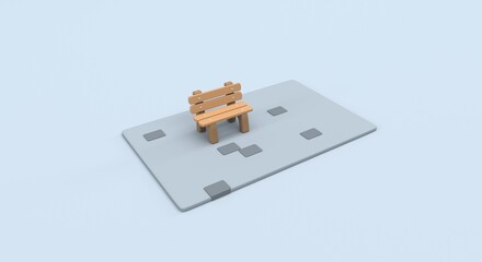 square bench, pole next to a wooden square bench with chrome details, background for pamphlet, banner and invitations (3d illustration)