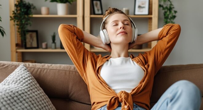 Content young woman relaxing on a sofa, enjoying music with headphones in her stylish living room. Peaceful female taking a break at home, listening to a podcast or audiobook with wireless headphones.