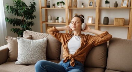 Content young woman relaxing on a sofa, enjoying music with headphones in her stylish living room. Peaceful female taking a break at home, listening to a podcast or audiobook with wireless headphones.