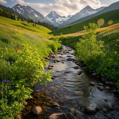 Mountain Valley Stream Scene.