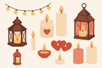 Cozy collection of glowing candles and lanterns with decorative string lights and hearts