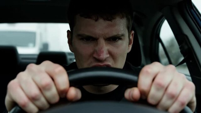 Close up of an intense and angry young man driving a car fiercely gripping the steering wheel with a frustrated expression showcasing road rage or extreme stres