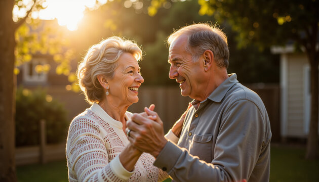 Elderly couple dancing at birthday in garden during sunset - Powered by Adobe