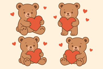 Four adorable cartoon teddy bears holding red hearts on a soft yellow background