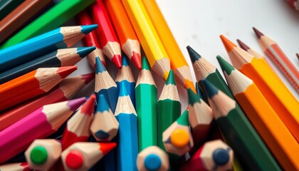 Assortment of colored pencils, sharpened points, various hues,  creative,  object
