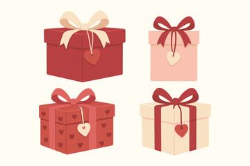 Collection of four decorative gift boxes with ribbons and heart ornaments for celebrations
