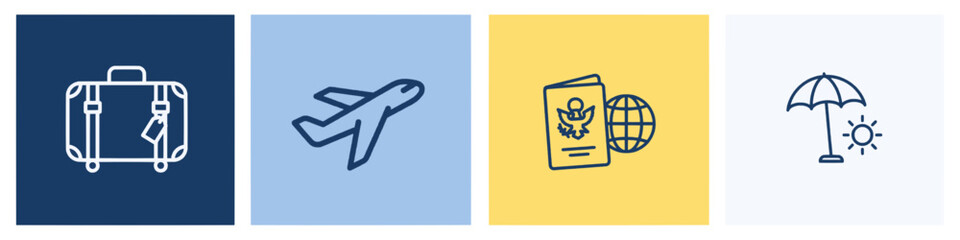 Travel Essentials Icons of Luggage, Airplane, Passport, and Beach Umbrella in a Seamless Line Art Style