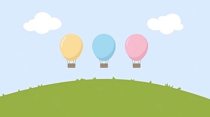 Whimsical Cartoon Scene: Three Colorful Hot Air Balloons Soaring Above Green Hill