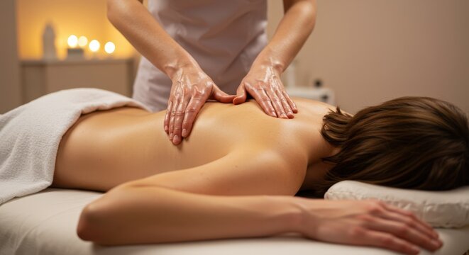 Massage du dos dans un institut de beaut&eacute;. Le masseur effectue un massage classique relaxant &agrave; une jeune femme fran&ccedil;aise dans un spa. Th&eacute;rapie de soin du corps.