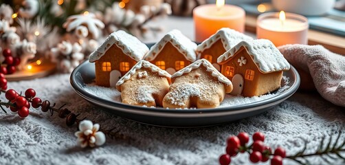 Fototapeta premium Cozy winter scene with a plate of frosted sugar cookies shaped like houses, winter wonderland, photography