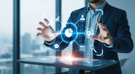 Businessman in suit interacts with a futuristic transparent screen displaying data visualizations and interconnected icons, with a cityscape in the background.