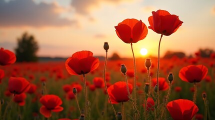 Obraz premium Red Poppy Field at Sunset with Golden Sky and Silhouetted Trees