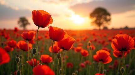 Fototapeta premium Red Poppy Field at Sunset with Golden Sky and Silhouetted Trees