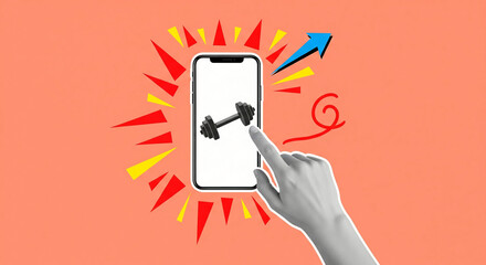 Creative collage concept of a hand using a mobile fitness app for strength training, symbolizing online workouts, health technology, and personal growth