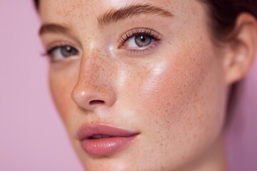 Fototapeta premium Beautiful young woman with glossy skin and freckles poses against a soft pink background, showcasing natural beauty and vibrant facial features in an editorial beauty portrait