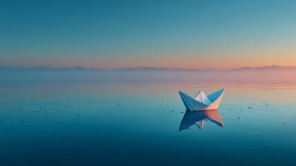 Serene sunrise over calm lake with paper boat reflections
