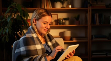 Cozy evening at home: a woman wrapped in a blanket using a digital tablet. Young woman reading or browsing online on a tablet in a warm, comfortable living room.