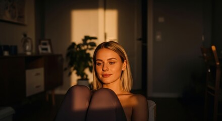 Contemplative young woman sitting in a sunbeam at home during golden hour. Atmospheric portrait of a thoughtful woman in dramatic sunlight and shadow.
