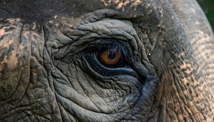 Close-up view of an elephant's eye, revealing intricate wrinkles and textures on the skin.