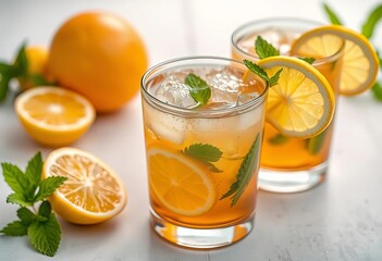 Refreshing iced tea with lemon & mint garnishes, drink, table