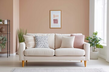 Obraz premium Scandinavian living room featuring a pale sofa adorned with muted pea cushions, surrounded by greenery and soft textures, creating a serene and inviting atmosphere with copy space