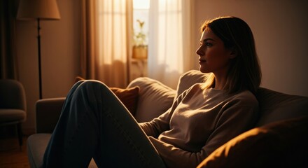 Contemplative young woman sitting in a sunbeam at home during golden hour. Atmospheric portrait of a thoughtful woman in dramatic sunlight and shadow.