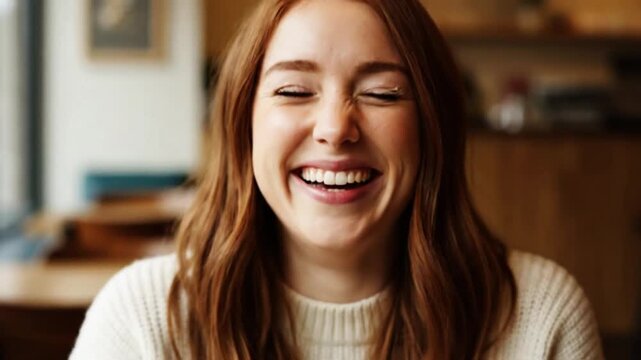 Joyful young redhead woman laughs with eyes closed expressing genuine happiness in a warm cozy indoor setting Close-up portrait of authentic emotion and cheerfu