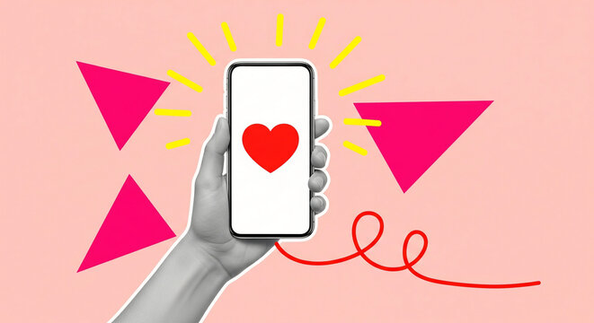 Finding a digital connection through a dating application on a smartphone, a heart symbol represents a successful match and an end to separation