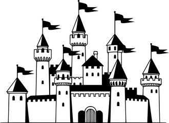 Fototapeta premium castle with tower and flags line art silhouette vector illustration 