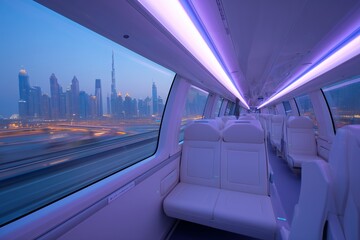 Sleek futuristic train interior features large panoramic windows showcasing a vibrant city skyline, illuminated by soft purple lighting, creating a modern travel experience